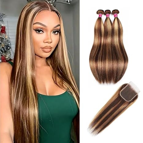 Highlight Human Hair Bundles with Closure,Straight Ombre Bundles Human Hair with 4x4 Lace Closure... | Amazon (US)