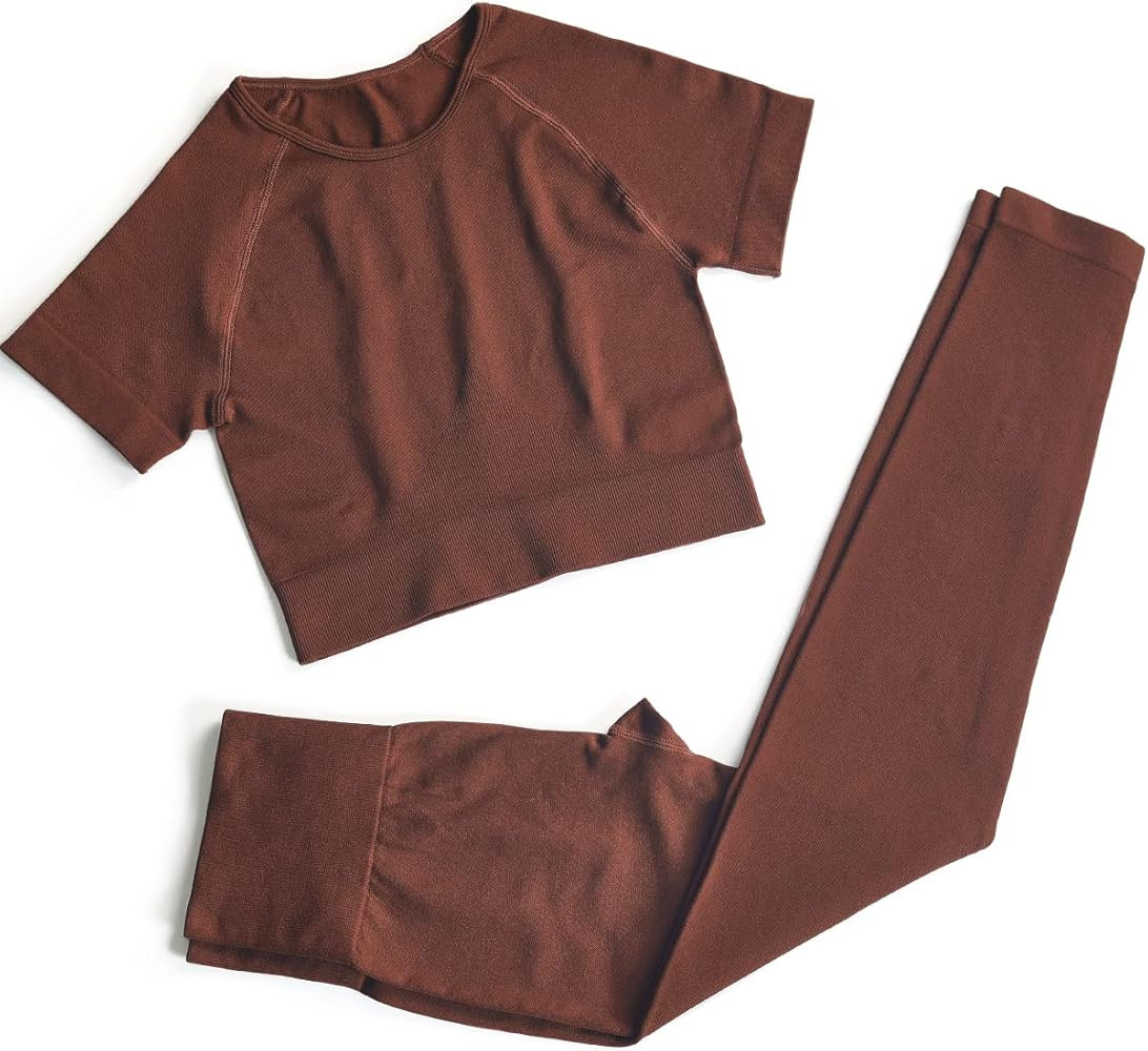 Women’s Two Piece Outfits Yoga Pants Set Seamless High Waist Leggings and Quick-Dry Yoga Crop Tops A | Amazon (US)