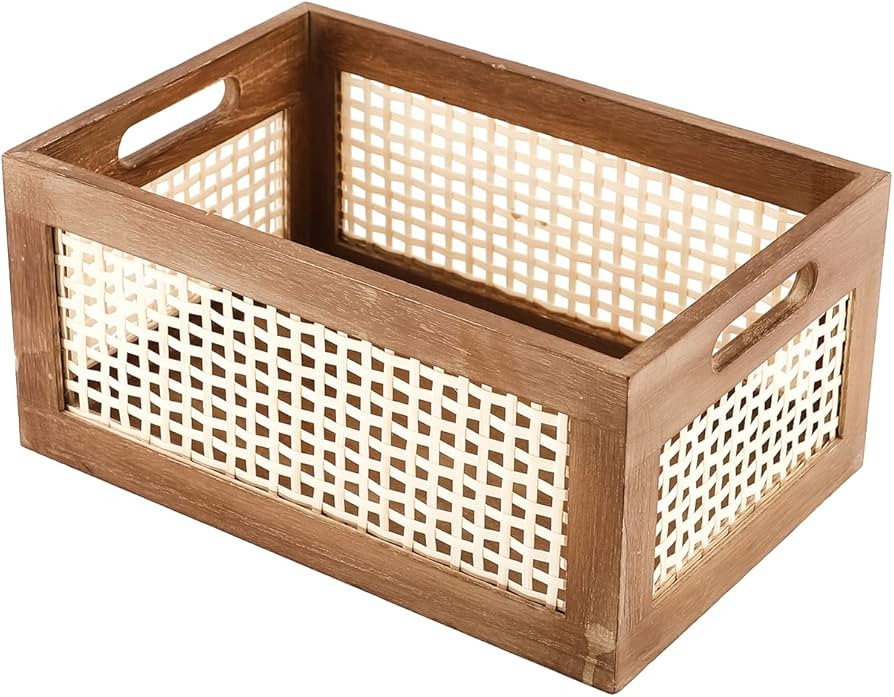 CINWEN Decorative Vintage Wooden Crate Storage Box, Rustic Pine Wood Organizer Bin Basket w/ Buil... | Amazon (US)