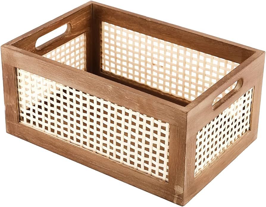 CINWEN Decorative Vintage Wooden Crate Storage Box, Rustic Pine Wood Organizer Bin Basket w/ Buil... | Amazon (US)