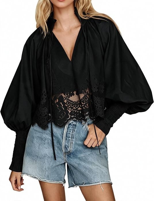 Women Lace Scalloped Trim Puff Long Sleeve Tie V Neck Shirt Top | Amazon (US)