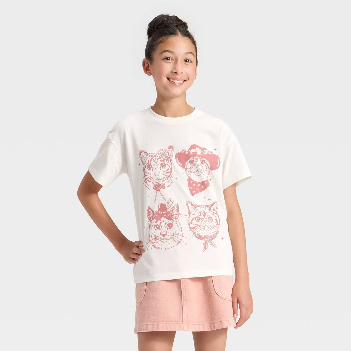 Girls' Short Sleeve Oversized Cowgirl Cats Graphic T-Shirt - Cat & Jack™ Cream S | Target