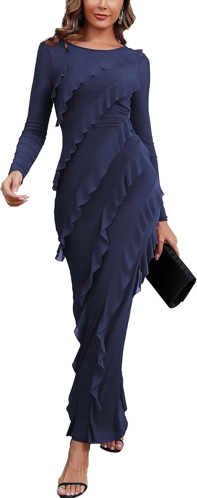 Capuffy Womens Long Sleeves Backless Maxi Dress Mesh Tassel Ruffle Side Split Bodycon Evening Par... | Amazon (US)