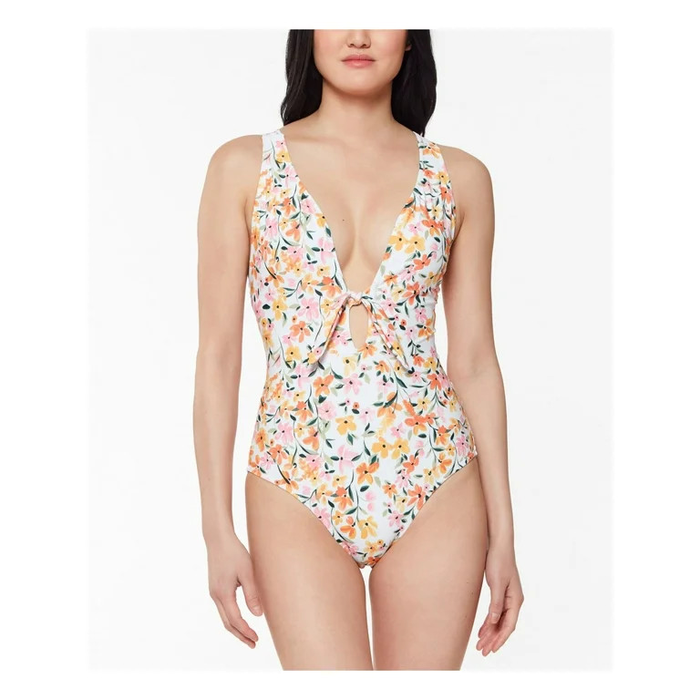 JESSICA SIMPSON Women's White Floral Stretch Removable Cups Lined Keyhole Deep V Neck Tie Summer ... | Walmart (US)