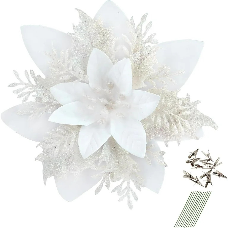 12 Pcs Glitter Poinsettia 5.5" Artificial Flowers Christmas with Clips Stems Xmas Tree Ornaments ... | Walmart (US)