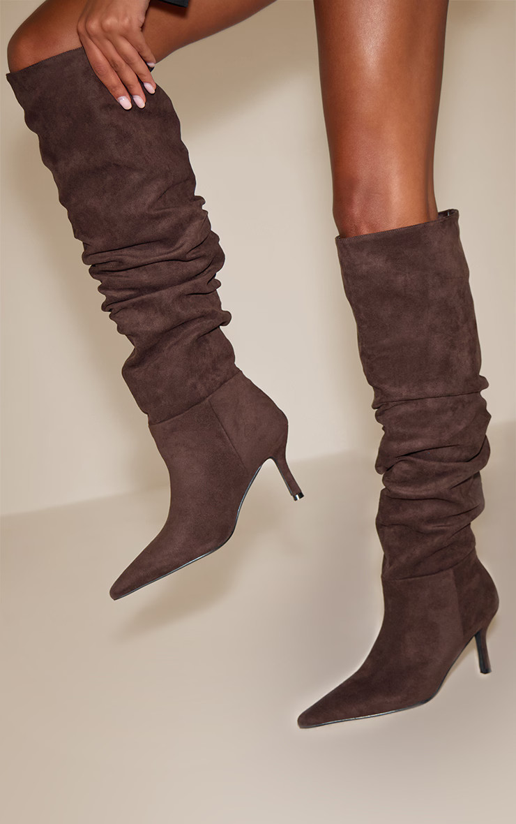 Chocolate Faux Suede Over The Knee Heeled Scrunch Boot | PrettyLittleThing UK