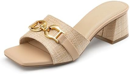 Athlefit Women's Raffia Heeled Sandals Square Open Toe Slip On Mules Chunky Block Heels with Meta... | Amazon (US)