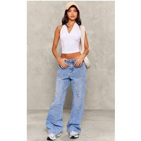 Petite Light Blue Distressed Cross Detail Straight Leg Denim Jeans | PrettyLittleThing US