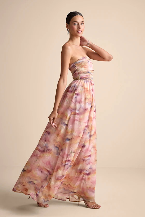 Mykala Light Pink Abstract Pleated Strapless Maxi Dress | Lulus