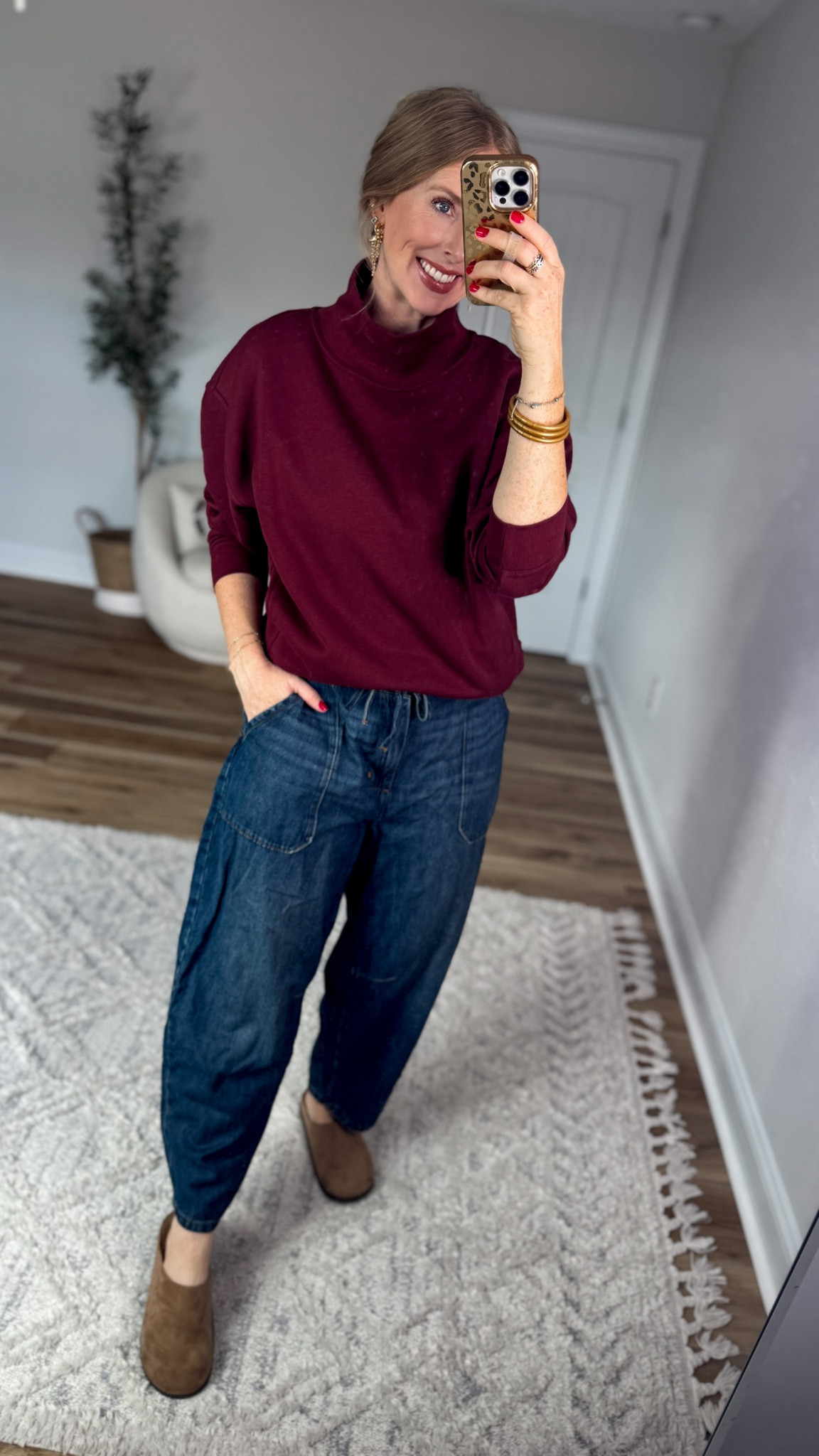 Daily try on, Walmart outfit, Walmart fashion, Walmart try on, scenario, mock neck, barrel jeans
