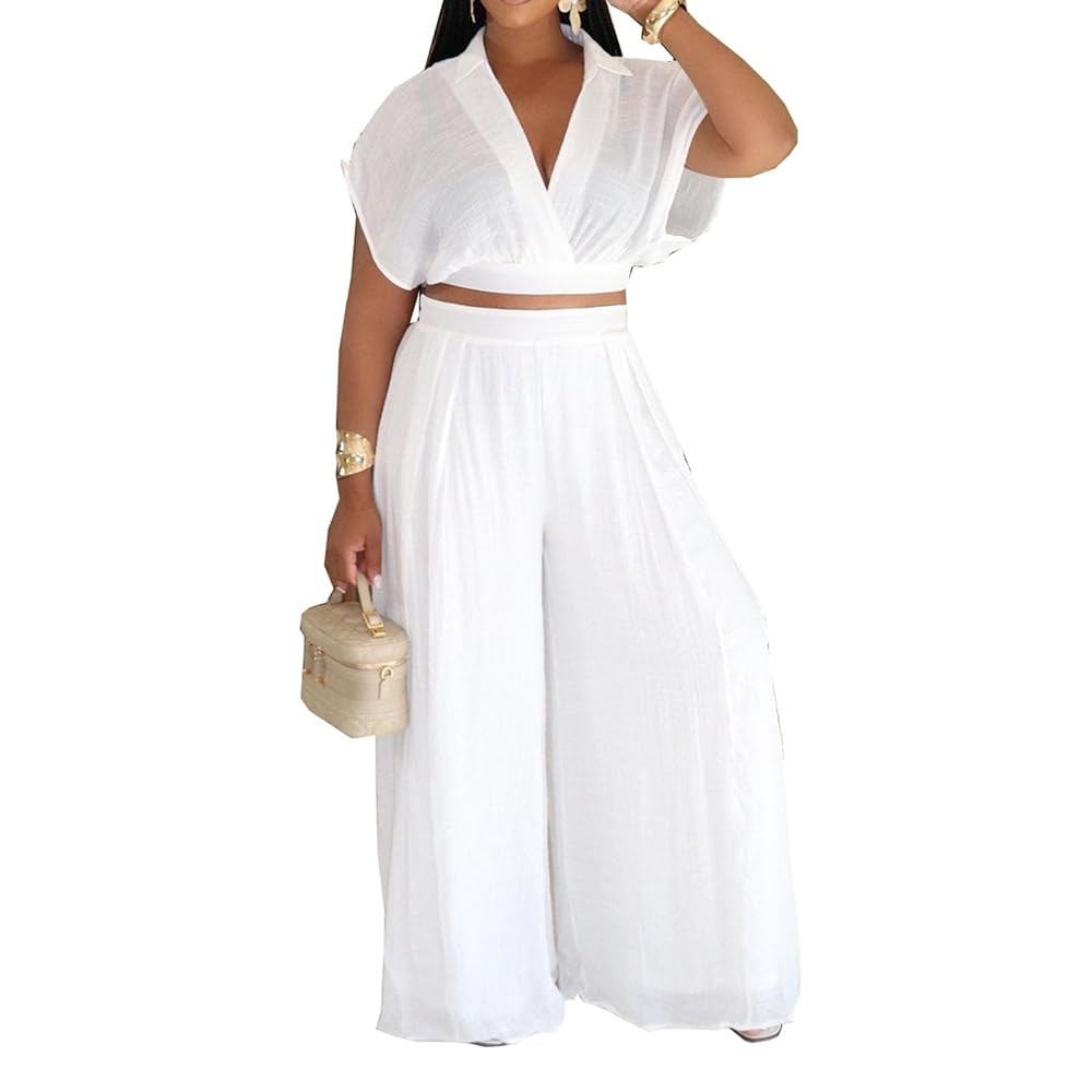 Ekaliy Women's 2 Pieces Outfits Wrap V Neck Crop Top Wide Leg Pants Set Jumpsuits Casual Matching... | Amazon (US)