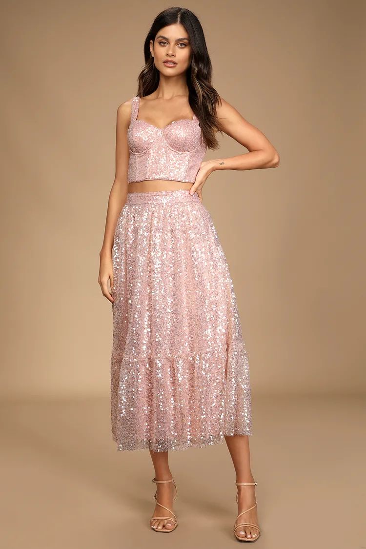 Radiant as Ever Pink Sequin Tiered Midi Skirt | Lulus (US)