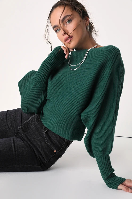 Classically Cozy Dark Green Ribbed Dolman Sleeve Cropped Sweater | Lulus