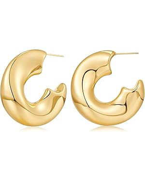 Gold Hoop Huggie Earrings for Women 14K Gold Plated Chunky Hoop Earrings Hypoallergenic Lightweig... | Amazon (US)