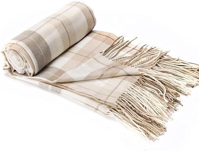 Battilo Grey&White Plaid Fringed Cashmere Shawl/Throw/Blanket-125cmx160cm | Amazon (US)