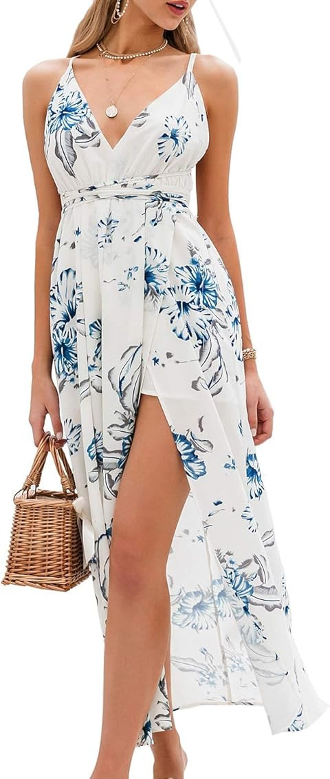 BerryGo Women's Sexy Deep V Neck Backless Floral Print Split Maxi Party Dress | Amazon (US)