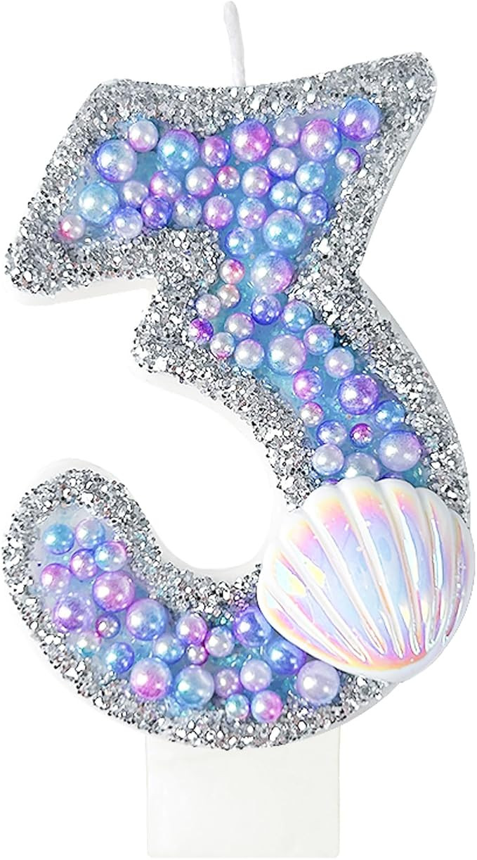 Birthday Candles, Pink Shell Sequins Blue Purple Pearl Boy Girl Birthday Cake for Mermaid Birthda... | Amazon (US)