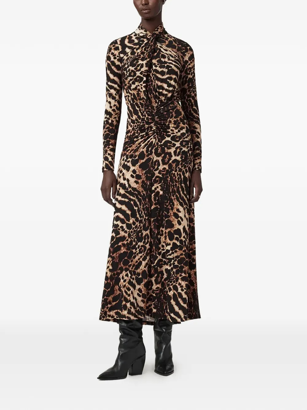 AllSaints Mina A-line leopard midi dress - Brown | Farfetch Global