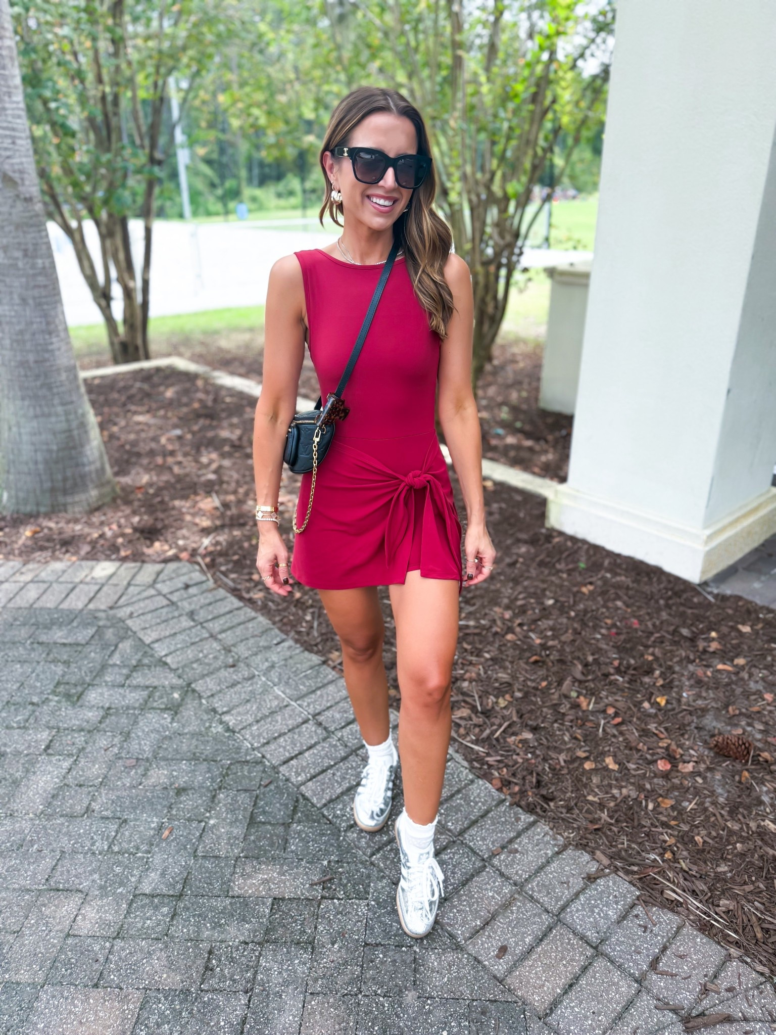 YPB tie dress in XXS regular! Silver adidas sambas are TTS. Fall outfit. Baseball mom. Disney outfit. Soccer mom. Celine sunglasses. LV mini bum bag in black. 

#LTKFallSale #LTKActive #LTKShoeCrush