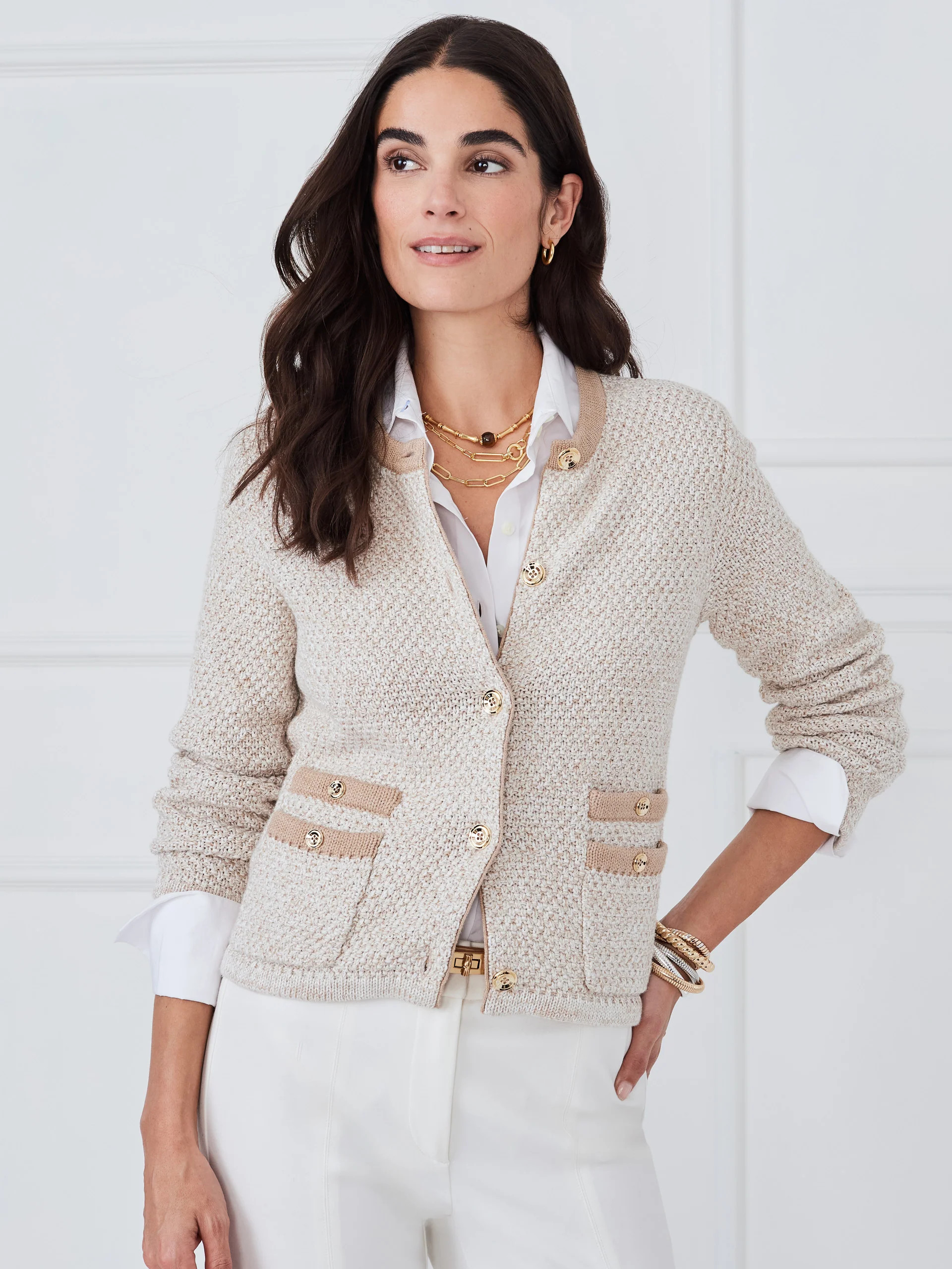 Khaki/Off_White Solid Thayer Cardigan | Women's Sweaters | J.McLaughlin | J.McLaughlin
