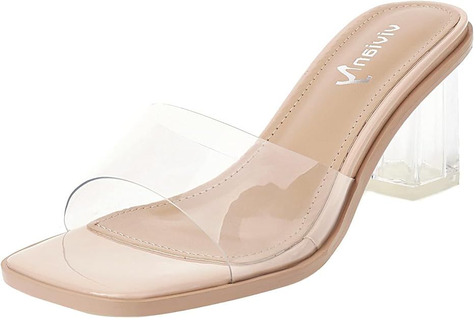 vivianly Womens Clear Heels Sandals Transparent Chunky Heels Backless Open Toe Slip on Mules Heel... | Amazon (US)