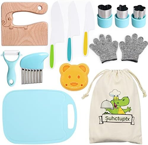 14 Pieces Wooden Kids Kitchen Knife, Kids Knife Set with Gloves Cutting Board Fruit Vegetable Cri... | Amazon (US)