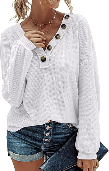 BTFBM Women Waffle Knit Shirts V-Neck Long Sleeve Casual Slouchy Loose Blouses Plain Faux Button ... | Amazon (US)