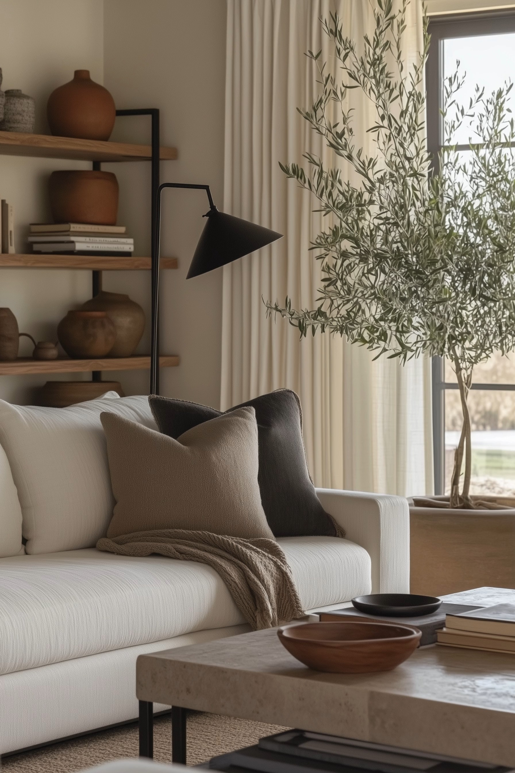 Earthy Organic Modern Living Room — a serene neutral space with a creamy sofa, taupe and charcoal throw pillows, pleated ivory curtains, and a statement black cone floor lamp. Open wood shelves styled with terracotta pottery add warmth, while a large indoor olive tree and a travertine-look coffee table with sculptural bowls create a collected, Mediterranean-inspired vibe perfect for cozy, minimalist homes.