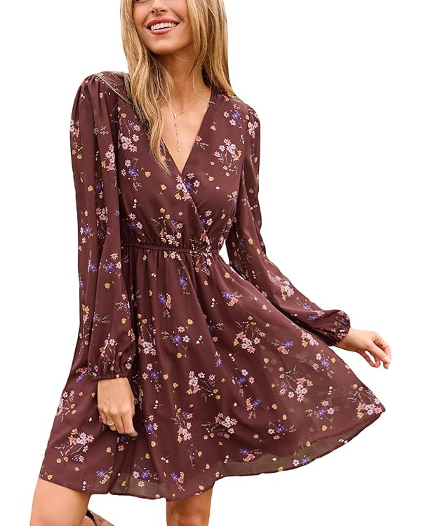 CUPSHE Women's Mini Dresses Casual Spring V Neck Chiffon Long Peasant Sleeves Flowy Summer Dress | Amazon (US)