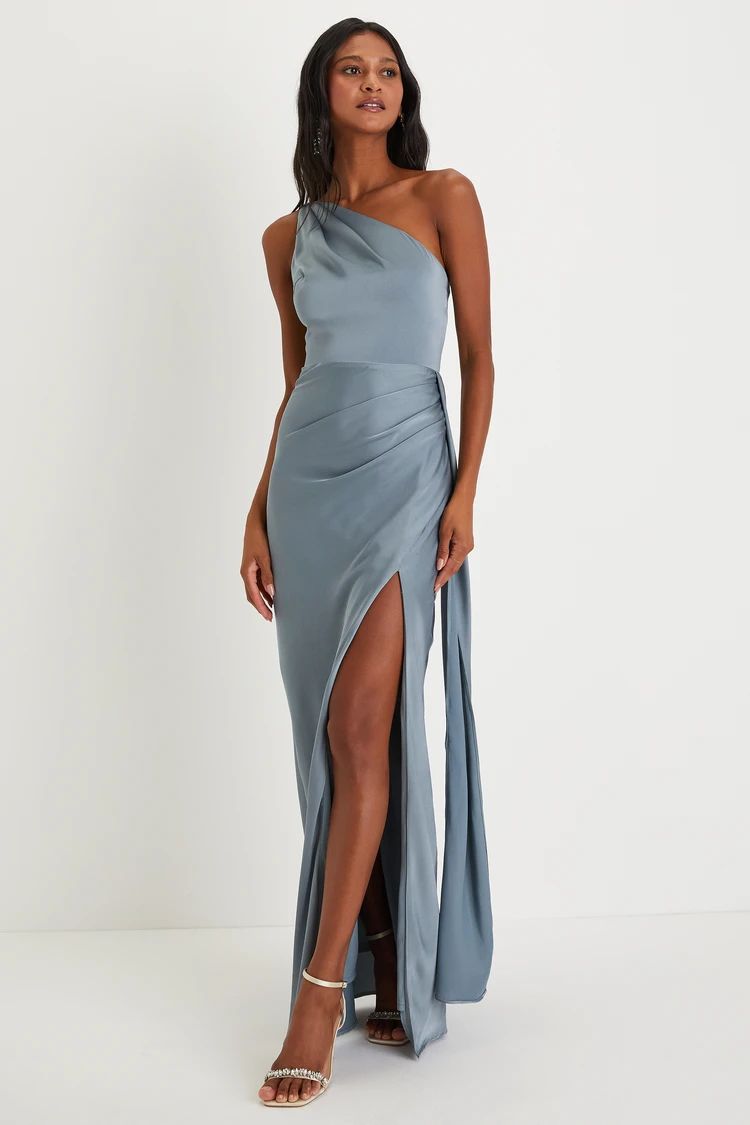 Signature Elegance Slate Blue Satin One-Shoulder Maxi Dress | Lulus