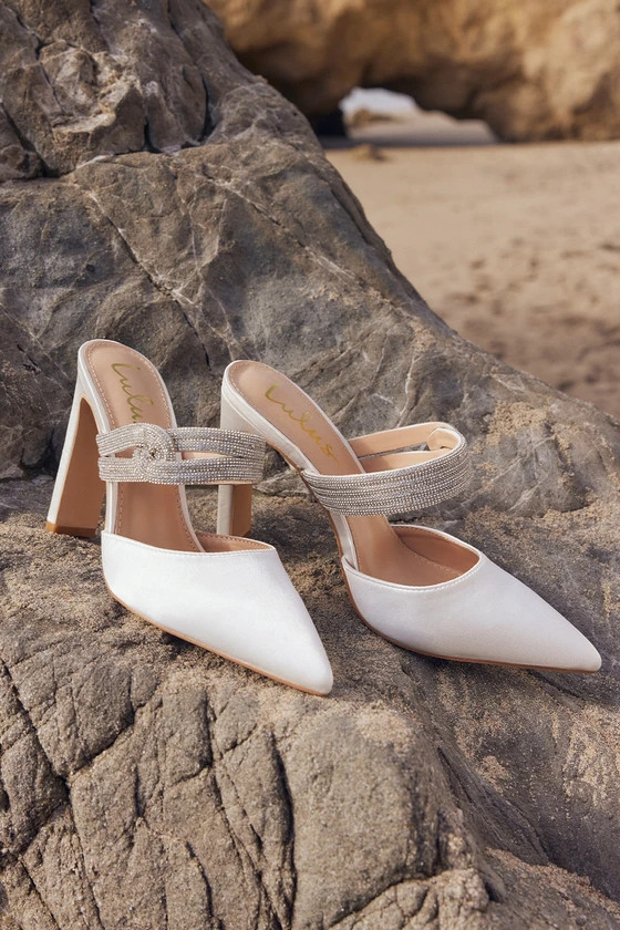 Celines White Satin Rhinestone Pointed-Toe Mule Pumps | Lulus (US)