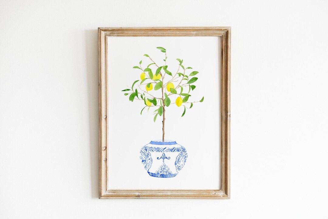 Watercolor Lemon Chinoiserie Print Blue and White Print - Etsy | Etsy (US)