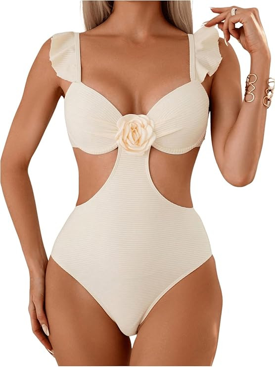 WDIRARA Women's 3D Floral Decor Cut Out Textured One-Piece Bikini Swimwear Backless Sleeveless Ch... | Amazon (US)