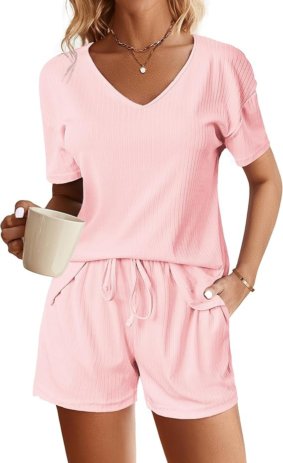 Ekouaer Womens Ribbed Knit Lounge Set Short Sleeve Top and Shorts Sleepwear Pajama Set Two Piece ... | Amazon (US)
