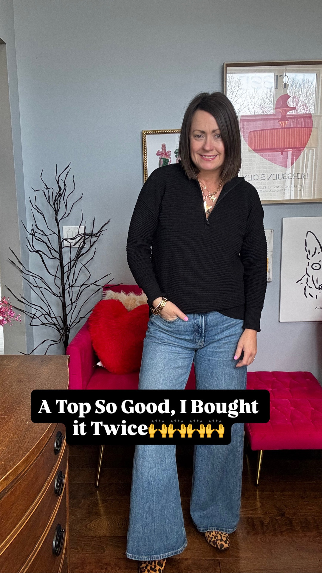 A tip so could I bought it in two colors!!!  I think I might need the other two colors too.  
Black quarter zip
Wide leg jeans
Leopardary Jane’s 

#LTKTall #LTKOver40 #LTKootd