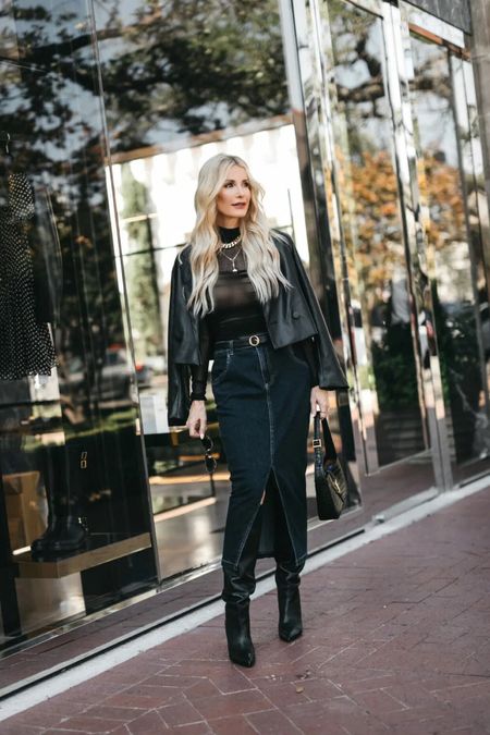 In the mood for FALL - anyone else? I’m sharing 5 of the most wearable FALL FASHION TRENDS featured in 2 fabulous fall looks today on the blog with @nordstrom. ⛓️ #linkinbio and stories #ad #nordstrom

My favorite fall trend would have to be the denim skirt trend and I love this one I’m wearing! The dark wash is so good for this time
of year and I love the sexy slit. 

The sheer trend is another one I’m loving and this sheer bodysuit by Free People is so good! 

Finally, the leather trend is also one of my faves! This cropped faux leather blazer is such a great fall staple and would you believe it’s under $100?! 

Everything runs tts, I’m wearing a size 24 in the skirt and an XS in the jacket and skirt. 



#LTKfindsunder100 #LTKover40 #LTKstyletip