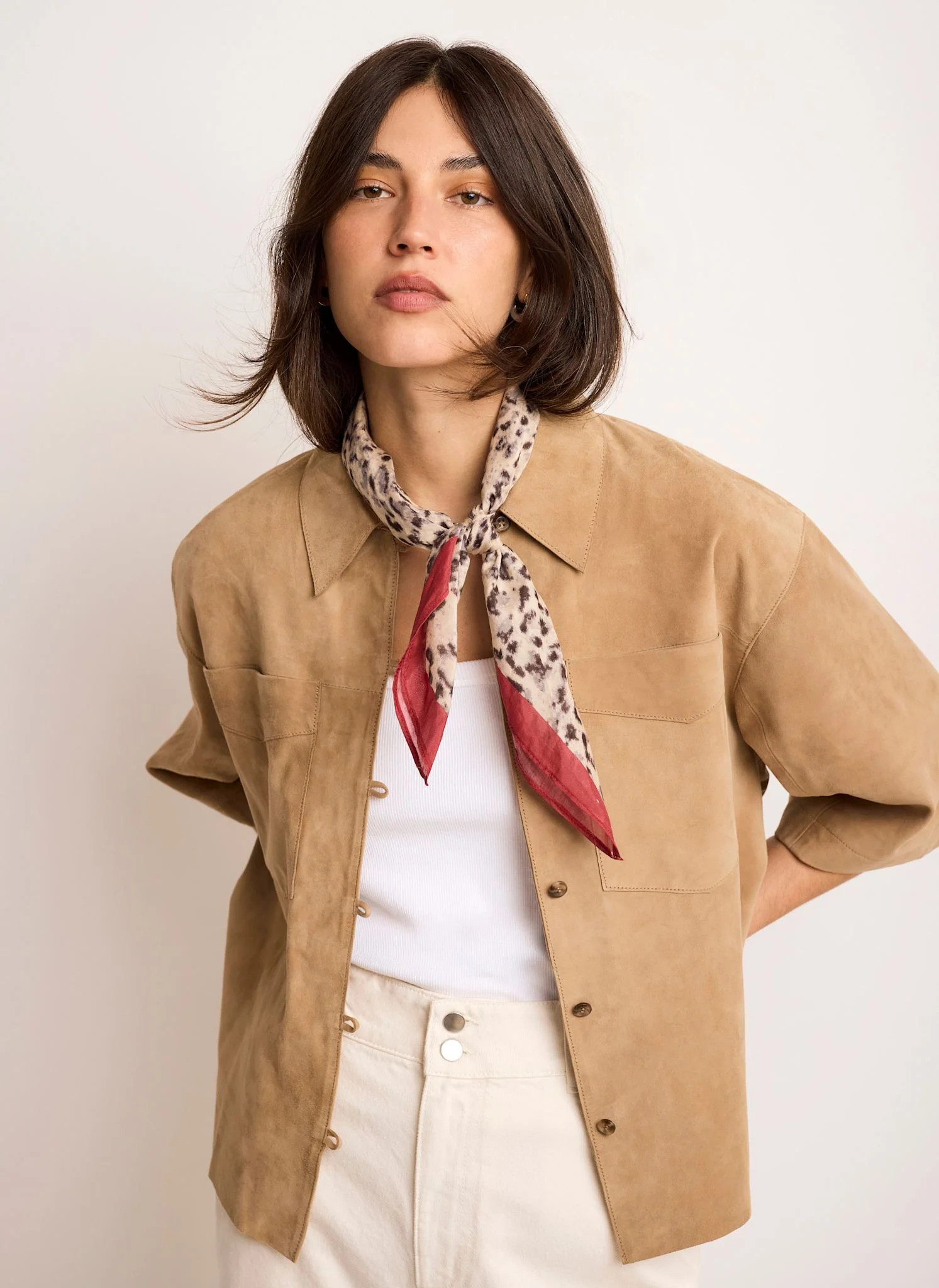 Neutral Suede Oversized Shirt | Mint Velvet