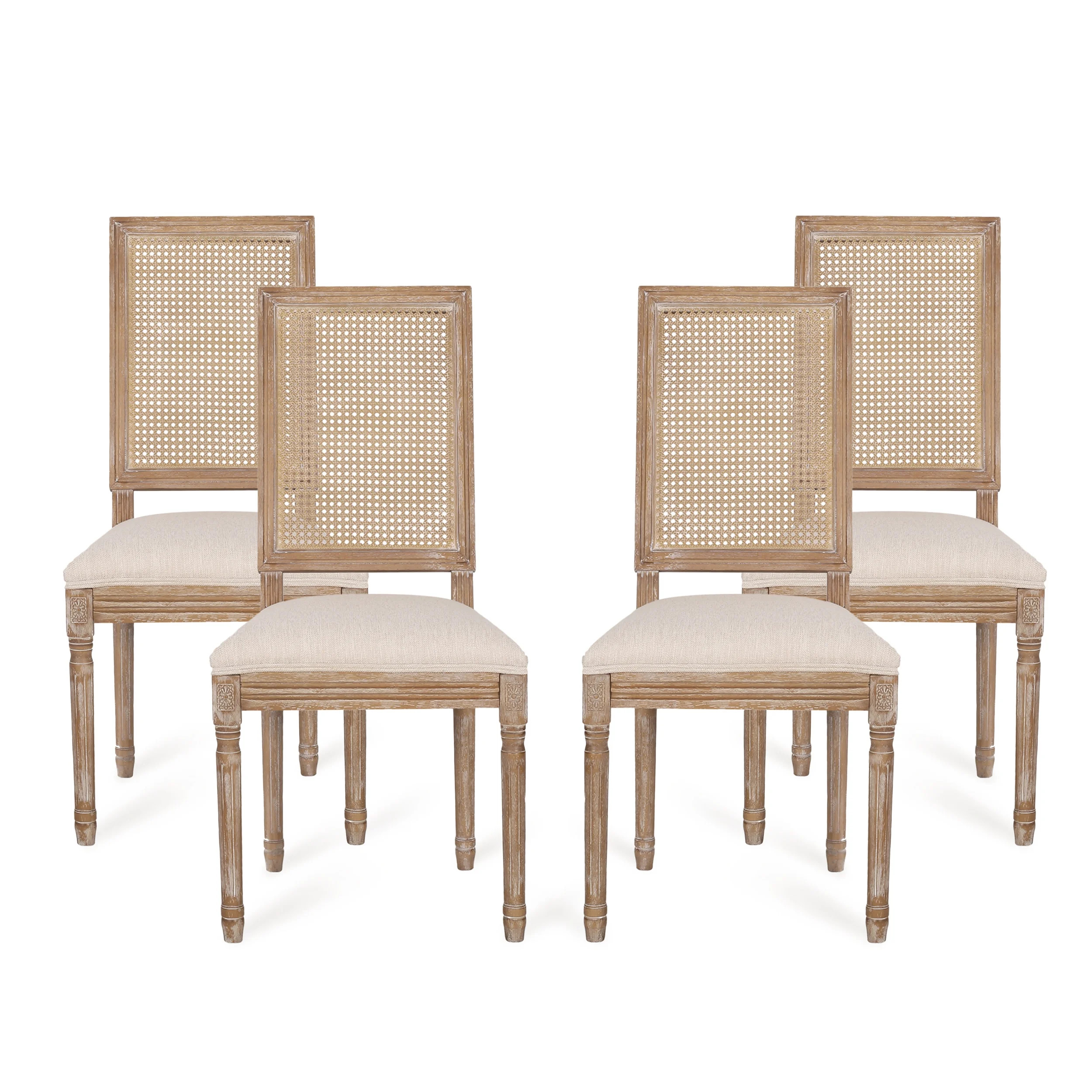 GDF Studio Brownell French Country Wood and Cane Upholstered Dining Chairs, Set of 4, Beige and N... | Walmart (US)