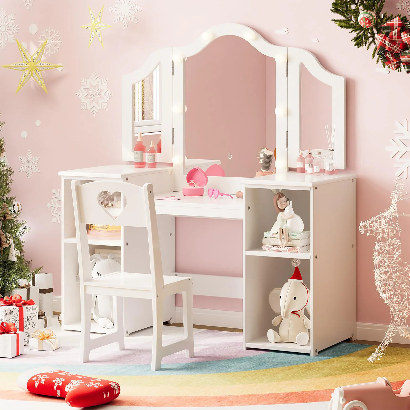 Garvee Kids Vanity Set With Touch Light Storage Cabinet Detachable Tri Folding Mirror And Chair 2 In 1 Wooden Makeup Playset Princess Dress Table | Lowe's