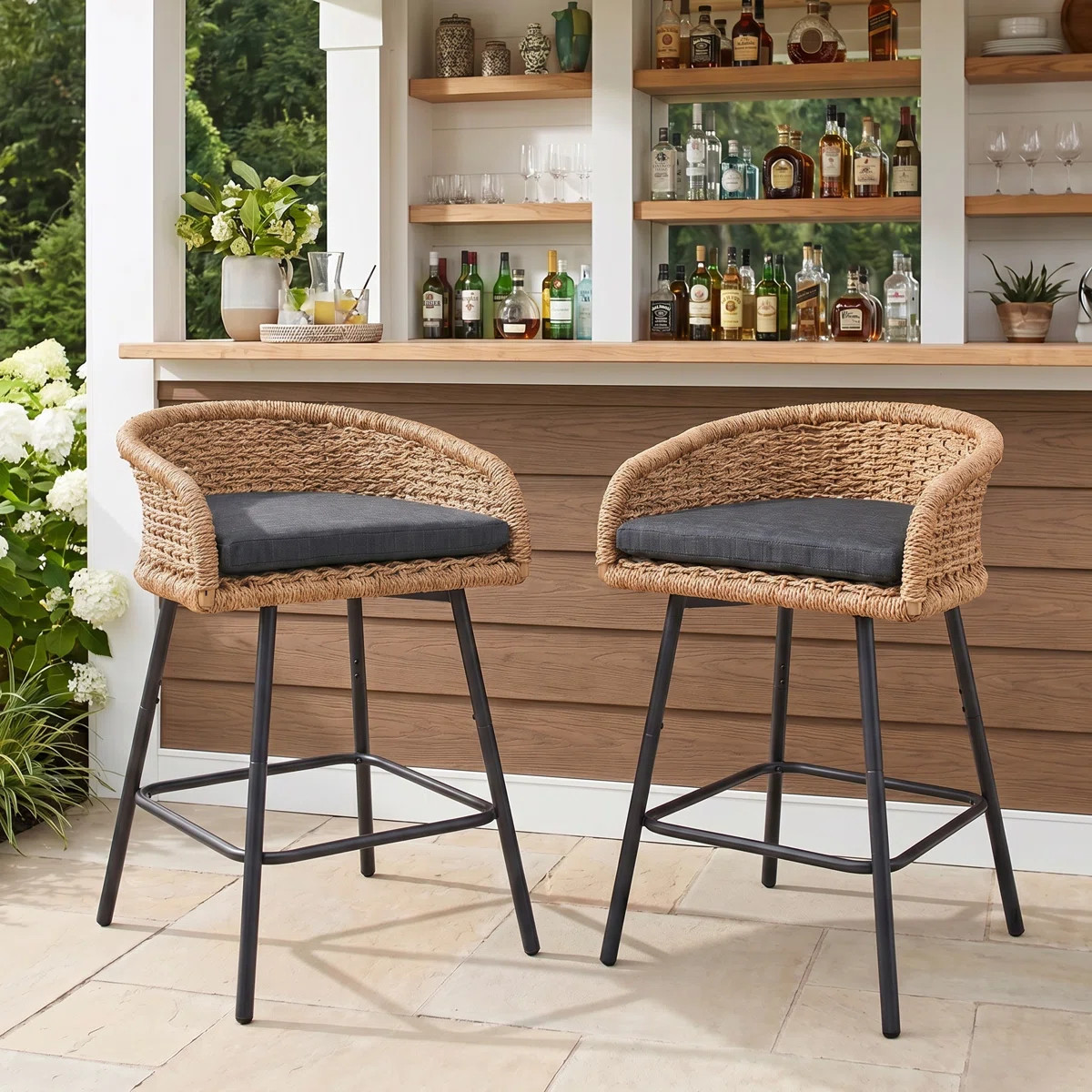 Carvin Outdoor Upholstered Bar Stools Set of 2 with Removable Cushions, Woven Counter Height Bar ... | Wayfair North America