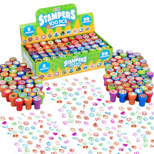JOYIN 100 Pcs Assorted Stamps for Kids Self-Ink Stamps (50 Different Designs, Dinosaur, Zoo Safari Stampers) for Party Favor, Carnival Prizes, School Classroom Gift Stuffers, Treasure Box Toys | Amazon (US)