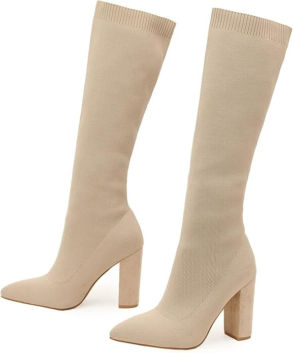 Aflngle Women’s Pointed Toe Chunky Heel Knee High Boots Fashion Elastic Knitted Fabric Long Soc... | Amazon (US)