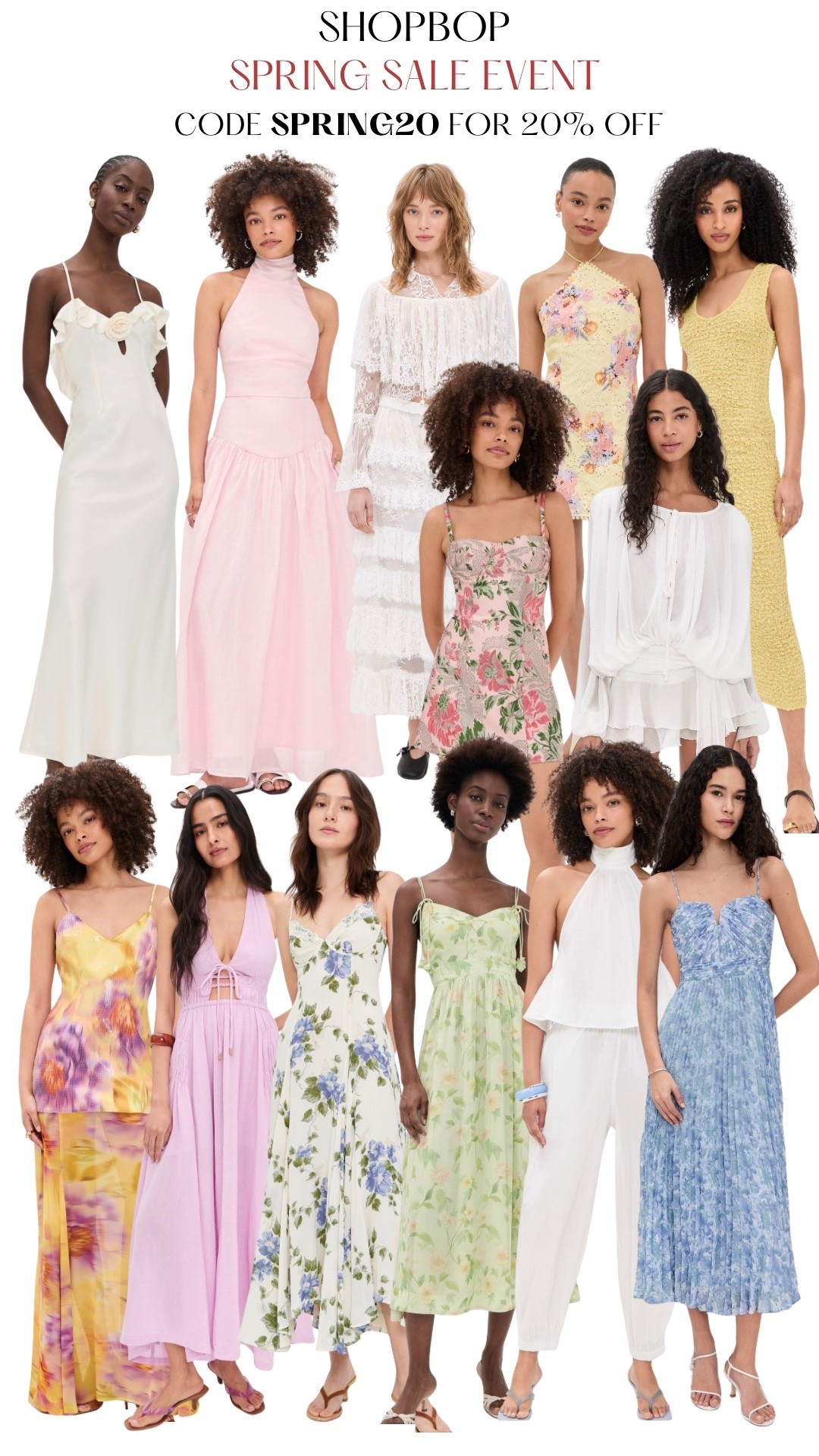 @Shopbop  Spring Sale Event! Use code SPRING20 for 20% off select items 
Shop floral, pastel and white spring dresses, tops and sets. Perfect for Easter celebrations or any spring and/or summer event 
#sale #shopbop #dress #spring #outfit #floral #pastel #white #set 