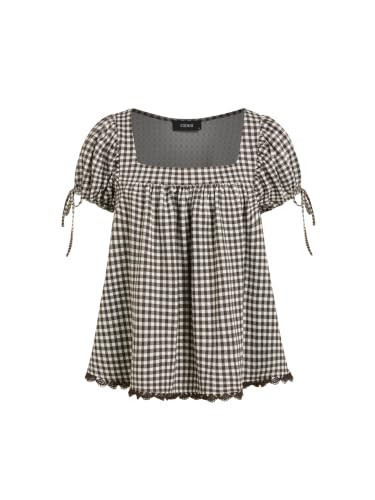 Womens Square Neck Puff Sleeve Plaid Blouse Brown | Amazon (US)