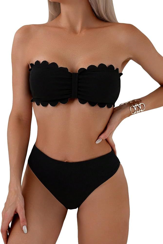SHENHE Women's 2 Piece Strapless Swimsuit Scalloped High Waist Bandeau Bikini Set | Amazon (US)