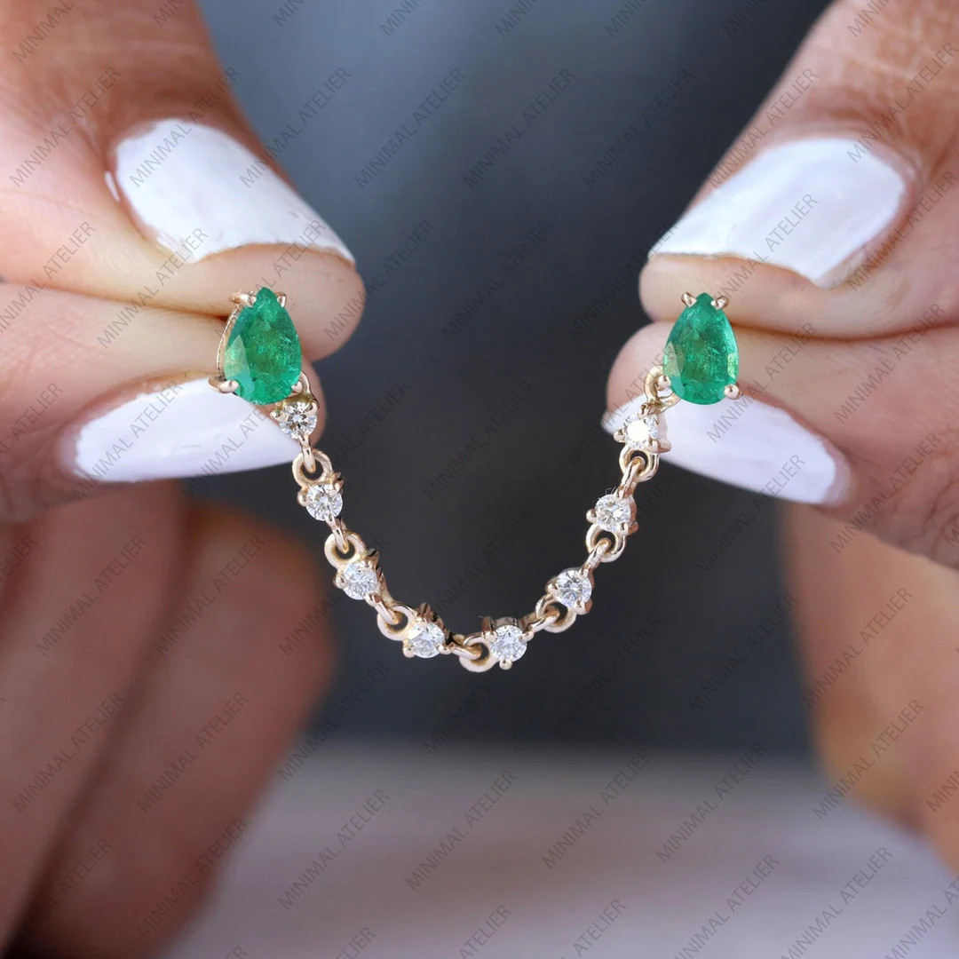 Pear Emerald Chain Earring/ Lab Grown Diamonds 2 Piercing Chain Earring/ Solid 14k Yellow Gold Li... | Etsy (US)