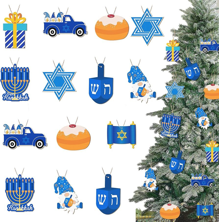 24 Pieces Hanukkah Tree Ornaments Chanukah Ornaments Jewish Menorah Dreidel Stars of David Hanukkah  | Amazon (US)