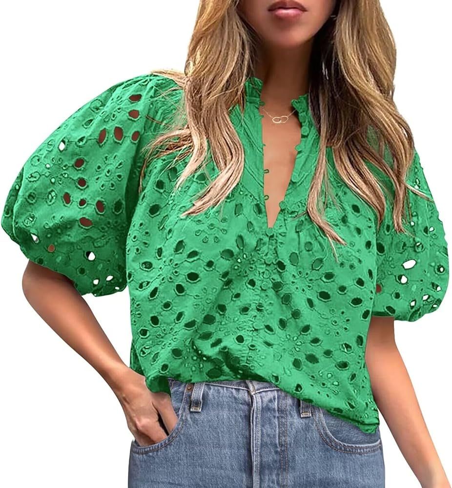 Eyelet Tops for Women Summer Tops, Eyelet Blouses for Women Hollow Out Lace Top Embroidered Blous... | Amazon (US)