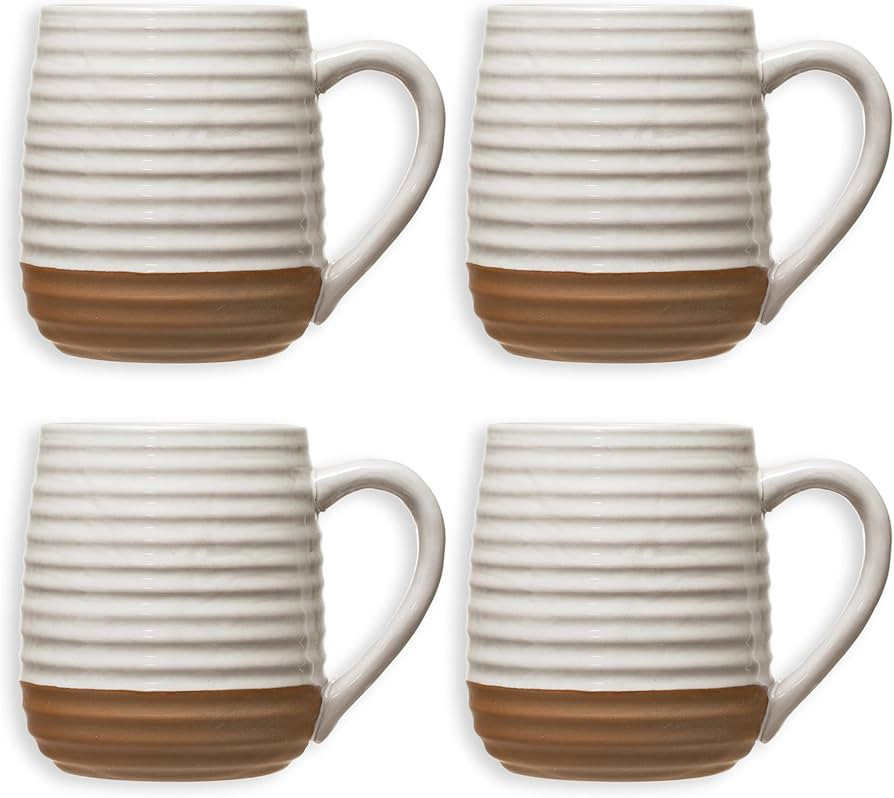Creative Co-Op White Ribbed Design and Reactive Glaze Finish, Set of 4 Mug, White & Natural | Amazon (US)
