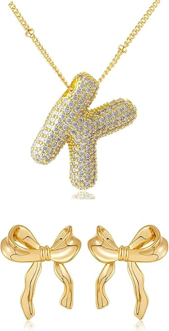 Gold Bow Earrings for Women with Rhinestone Bubble Letter Necklace Gold Balloon Initial Necklaces... | Amazon (US)